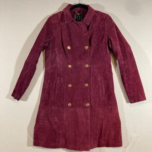 C Wonder Suede Trench Coat Women's Sz 10 Burgundy Red Lined Double Breasted - Picture 1 of 12